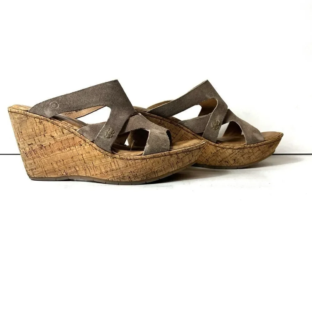 Born Tan Suede Wedge Cork Sandals Womens Sz 11 M Slip On Open Toe Comfort Casual